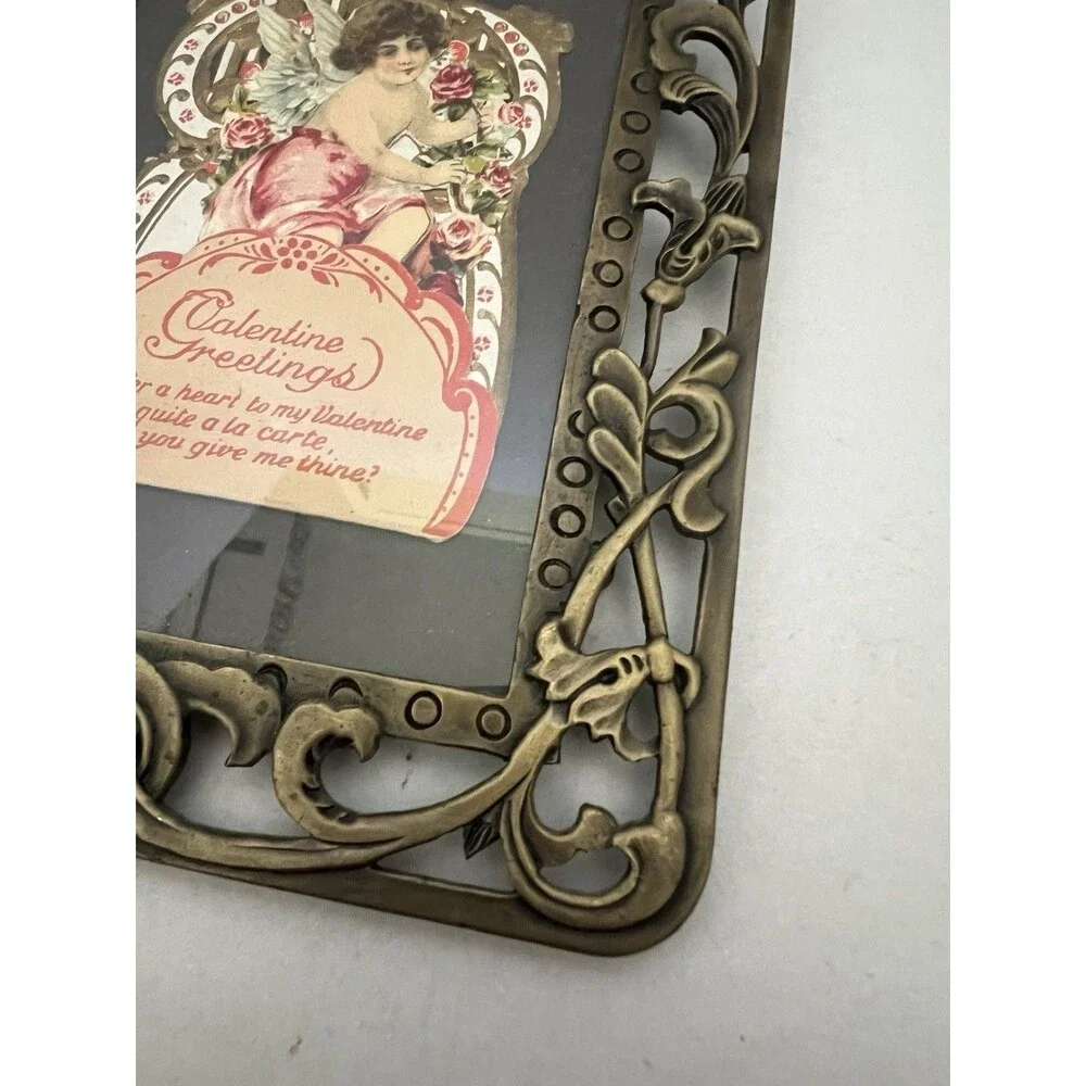 Ornate Metal Picture Frame w/VTG Valentine 3.5x5 Antique Brass Finish